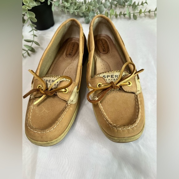 Sperry Top Sider Shoes - Sperry Womens Songfish Tan Gold Glitter Leather Boat Shoes Loafers Flats 8.5